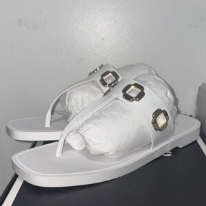 Larroude White Slide Sandals with Gold Accents size 8/9